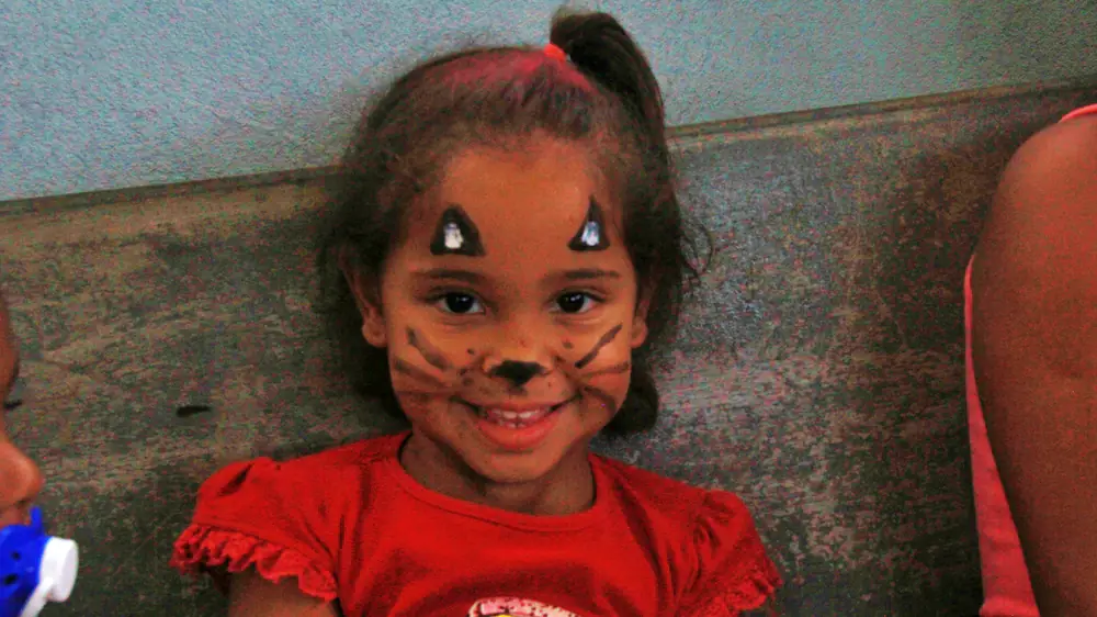 Menina com o rosto pintado de gatinho sorri encostada em um muro de madeira